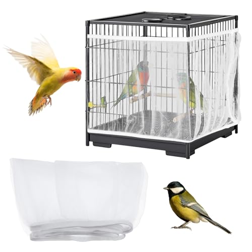 Image of XL Adjustable Bird Cage Seed Catcher, Birdcage Cover Skirt Nylon Mesh Netting Parrot Parakeet Macaw African Round Square Cages Cover (White)