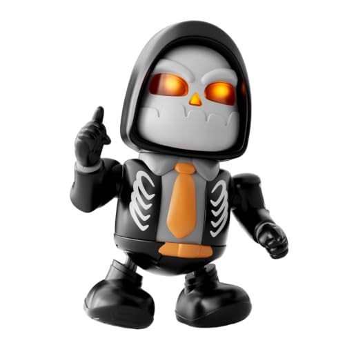 Robot esqueleto bailando con ojos brillantes, figura interactiva para decoración de Halloween