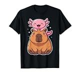 Kawaii Pink Axolotl Riding Capybara Funny Anime Animal Memes T-Shirt