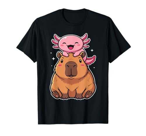 Kawaii Pink Axolotl Riding Capybara Funny Anime Animal Memes T-Shirt