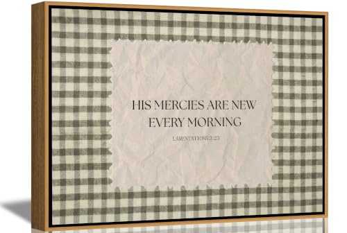 Christian Wall Art Lamentations 3:23 Framed Canvas Print, His Mercies Are New Every Morning Bible Verse Wall Decor, Farmhouse Plaid Framed Scripture Artwork for Living Room Bedroom Bathroom Office