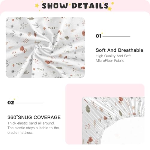 Image of Fall Cute Mushroom Leaves Fitted Crib Sheets Stretchy Portable Playard Sheets for Baby Toddler, Breathable Soft Mini Crib Mattress 52 x 28 in for Boys and Girls