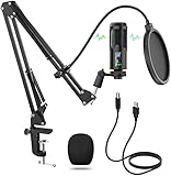 USB Micrófono, 192KHz/24bit Plug and Play Profesional Micrófono Podcast, Condensador Cardioide Micrófono con Soporte de Micrófono Ajustable Suspensión, Montura de Choque de Metal