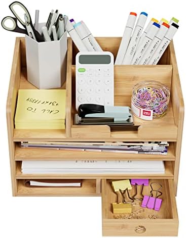 HOCSOK Wooden Desk Organiser, Bamboo Desktop Storage with Drawer and Shelf, Stationery Holder for A4 Papers, Documents, Notebooks