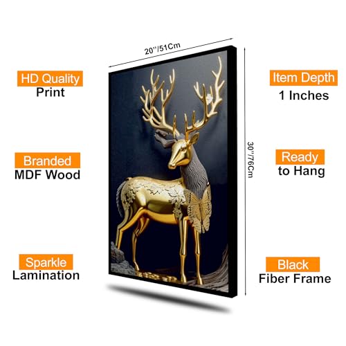 Image of The Castle Decor Golden Deer Wall Painting | Lucky Charm Abstract Deer Art for Living Room & Bedroom | Multicolor Sparkle Laminated Wall Art with Frame - 20x30 Inches