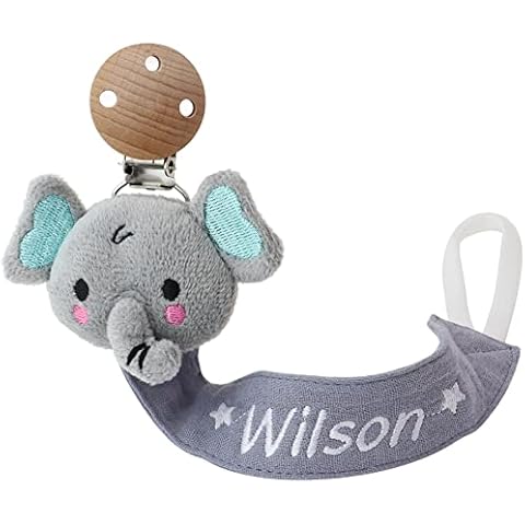Personalised Dummy Clip with Name, Customised Soother Dummy Chain, Cotton Fabric Dummy Holder with Embroidery Baby Name on It, Best for Baby Shower, Universally Fit All Dummies - Grey Elephant Cover