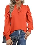 Fayenne Fall Tops for Women 2023 Trendy Puff Long Sleeve Frill Mock V Neck Business Casual Tops Loose Fit Chiffon Work Blouse Orange