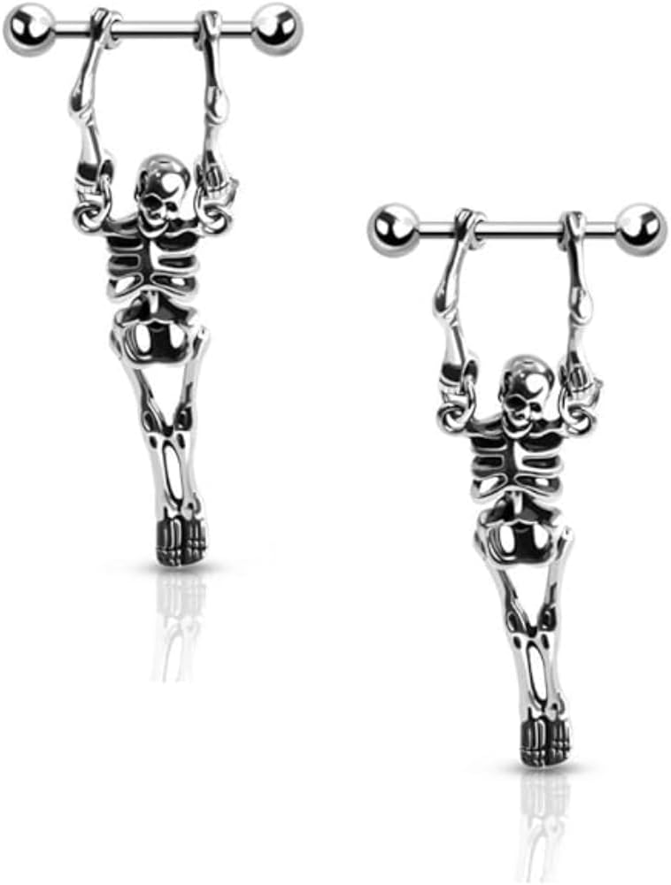 Pierced Owl 16G Stainless Steel Hanging Skeleton Nipple Barbells, Sold as a Pair