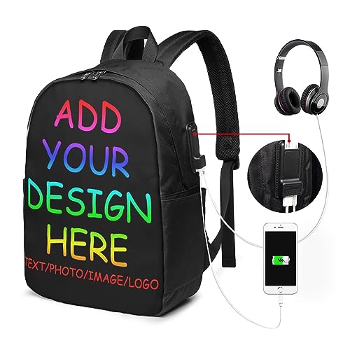 Lsjuee Sac à dos pour ordinateur portable de voyage personnalisé sacs avec nom personnalisé avec photo sacs USB pour ordinateur personnalisé sac à dos photo texte personnalisé pour femmes hommes – vue 2