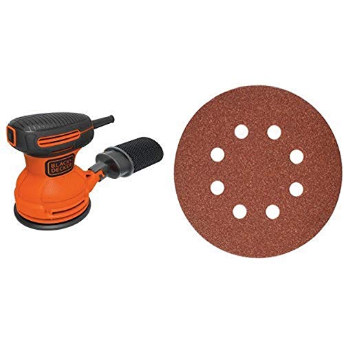 BLACK+DECKER BDERO100 Random Orbit Sander, 5-Inch with PORTER-CABLE 735800825 5-Inch 8-Hole Hook and Loop 80 Grit Sanding Discs (25-Pack)