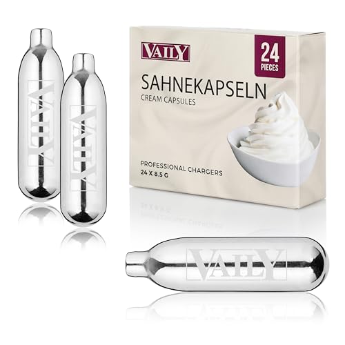 Vaily Sahnekapseln 24er Pack - N2O Kapseln für Sahnespender und Sahnesyphons - Zum einfachen Zubereiten von Sahne, Espumas, Suppen und mehr Vaily Sahnekapseln 24er Pack - N2O Kapseln für Sahnespender und Sahnesyphons - Zum einfachen Zubereiten von Sahne, Espumas, Suppen und mehr