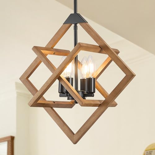 18" Farmhouse Wooden Chandelier 4-Light Rustic Oak Wood Pendant Light Fixture Adjustable Geometric Hanging Lighting for Dining Room, Kitchen Island, Foyer, Entryway, Bedroom