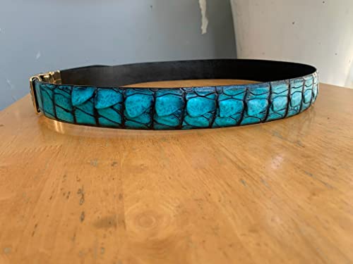 Genuine Crocodile Alligator Leather Skin Patina Paint Belt Buckle For Men, Handmade Men's Belt, Gift For Him (Blue Sky, Size 44) #TOP4