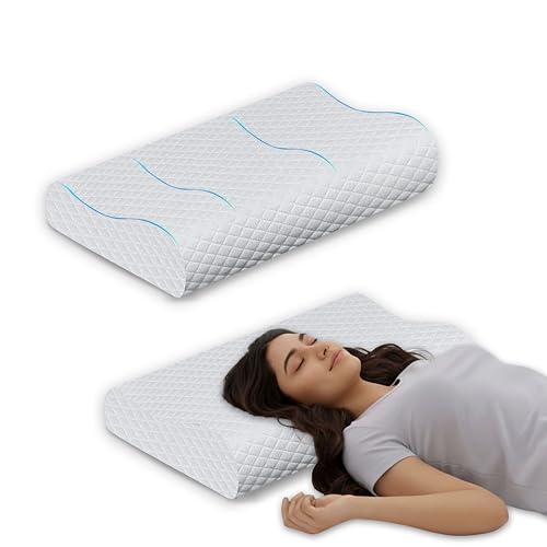 Image of Cervical Memory Foam Pillow for Neck and Shoulder Pain Relief, Ergonomic Contour Design for Back and Side Sleepers, Breathable White Cover, 60 x 35 x 12 cm Orthopedic Bedding Support