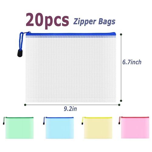 COWORK-UP 20 Stück Dokumententasche A5 mit Reißverschluss, Mesh Reißverschlusstasche Wasserdichte Kunststoff Zip Beutel Datei Taschen für Büro, Schule, Zuhause, Reisezubehör Aufbewahrung