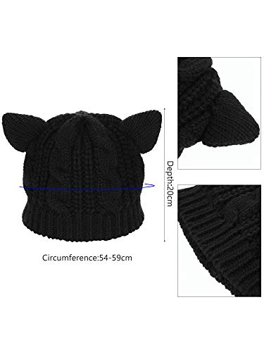 2 Pieces Winter Cat Ears Hats Soft Warm Knit Beanie Cap With 2 Pieces Pompoms For Women Girls Multicoloured #TOP1