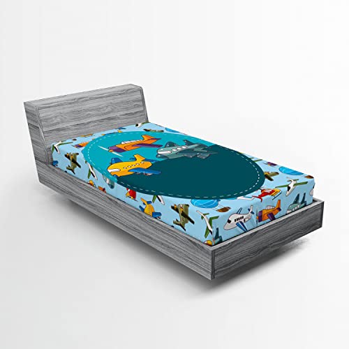 Ambesonne Party Fitted Sheet, Colorful Retro Style Various Cartoon Airplanes Air Balloons Zeppelins Boys, Bed Cover with All-Round Elastic Deep Pocket for Comfort, Twin XL Size, Sky Blue Teal