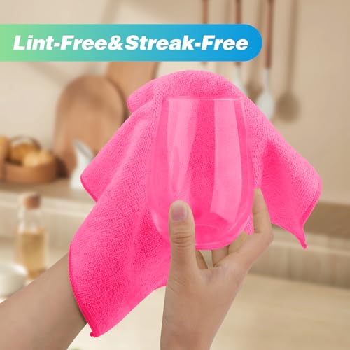 Image of HOMEXCEL Pink Microfiber Cleaning Cloth, 24 Pack Absorbent Cleaning Rags, Lint-Free, Streak-Free Cleaning Towels for Car Kitchen House, 12 inchX11 inch