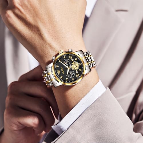 Image of OLEVS Men Watches Stainless Steel Chronograph Watch, Large Wrist Analog Quartz Watch, Fashion Waterproof Diamond Roman Numerals Dress Watches for Men, Gold /Black /White /Blue /Grey Dial