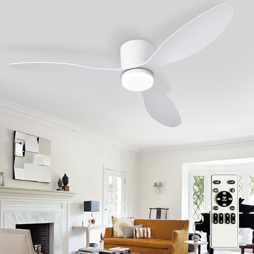 Image of Depuley Flush Mount Ceiling Fan: 52-Inch White Ceiling Fans with Lights for Bedroom Indoor Outdoor - Low Profile Ceiling Fans with Remote Control 24W 3CCT Dimmable 3 Reversible White Blades 6 Speeds