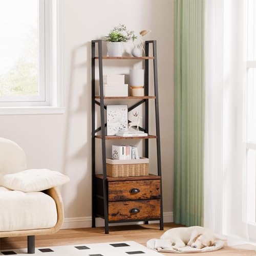 Image of Furologee 4-Tier Ladder Shelf,Small Bookshelf with 2 Drawers,Vertical Bookcase Storage Rack Organizer,Rustic Bookshelves for Living Room,Bedroom,Bathroom,Home Office,Kitchen,Rustic Brown
