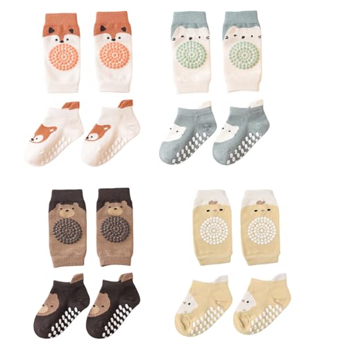 QINGZY 4-Paar Knieschoner und Babykrabbelsocken, weiche Baumwollsocken, antirutschend, für Kleinkinder 0-12 Monate