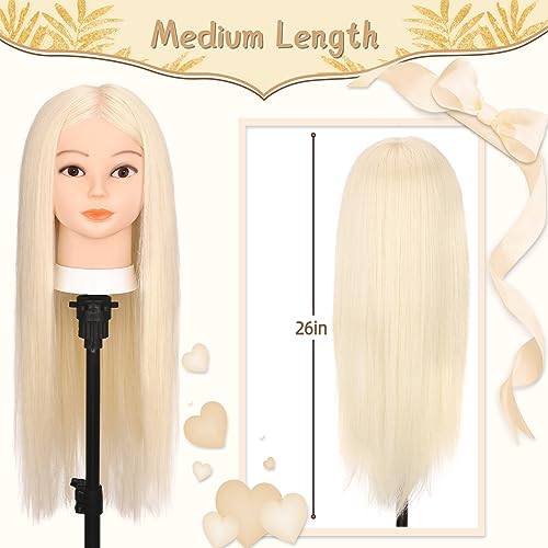 Mannequin Head with 70% Human Hair, Yofuly 26" Gold Real Human Hair Training Head, Cosmetology Doll Head with Clamp Holder & Tools, Practice Doll Head for Hair Styling, Braiding, Curling and Cutting