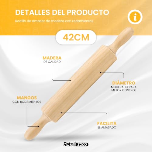 Miniatura 2 de Chefzoco Rodillo De Cocina, Rodillo De Repostería, Rodillo De Amasar Con Rodamientos, Rodillo Para Hacer Pan, Rodillo Para Pizza, Fabricado En Madera De Haya, Largo 44 Cm, Diámetro 4.8 Cm