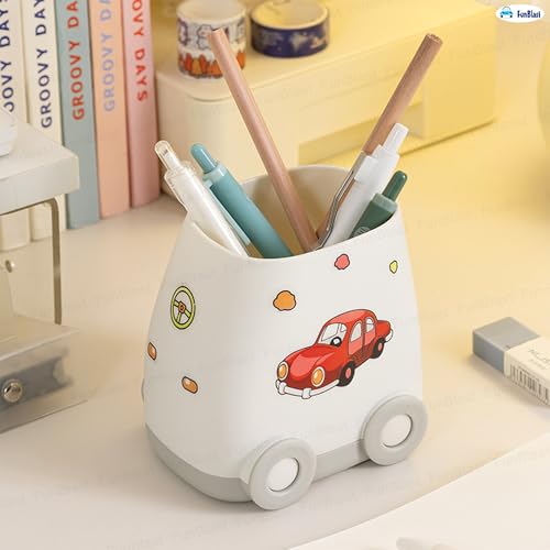 Image of FunBlast Pen Stand for Study Table, Car Stationary Organizer with Kawaii Stickers, Pen Stand for Kids & Girls, Desk Organizer, Birthday Return Gifts for Kids (White)