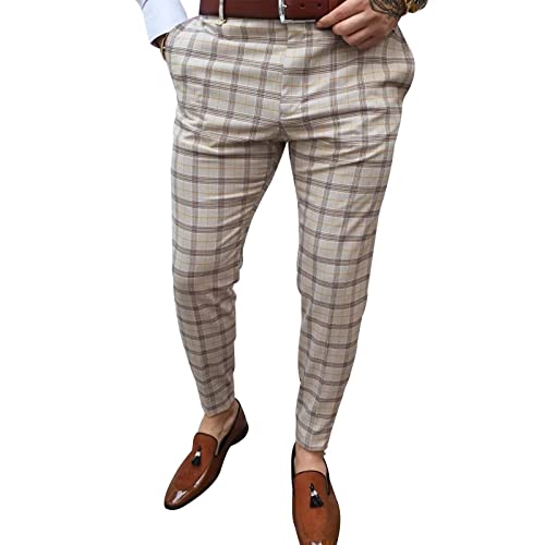 Men's Dress Pants Plaid Skinny Slim Fit Dress Pants Stretch Regular Fit Business Casual Fashion Golf Pencil Chinos Pants