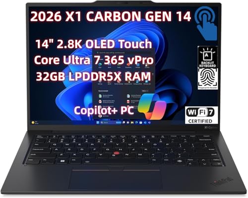 Image of 2026 NewLenovo ThinkPad X1 Carbon Gen 14 Aura Edition Laptop, Copilot+ PC 14 inch 2.8K OLED Touch (2880x1800), Core Ultra 7 365 vPro, 32GB LPDDR5X 2TB SSD, Wi-Fi 7 Win11 Pro - FP Reader - Haptic Touchpad