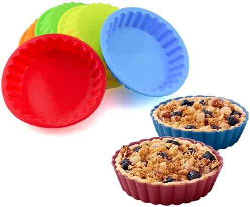8 Pieces Silicone Pie Molds Mini Quiche Molds with Loose Bases Cake Mold Non-Stick Round Fluted Flan Pan (Random Color), Multicolor