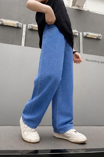 Image of ADBUCKS Children's Loose-Fitting Denim Pants with Buttons, Casual Wide-Leg Style