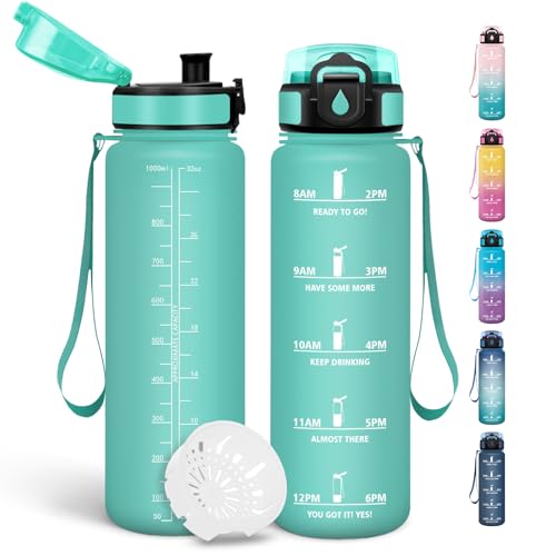 Motswedi Trinkflasche Sport, 1000ml BPA-Frei, Kohlensäure Geeignet, Trinkflasche Fahrrad, Auslaufsicher, Sportflasche, Mit Zeitstempel, Flasche für Yoga, Fahrrad, Fitness - Blau&Grün