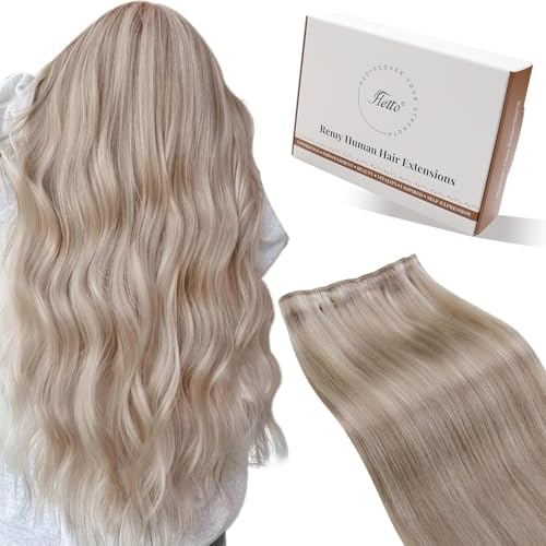Hetto Sew in Hair Extensions Real Human Hair Highlights Weft Hair Extensions Human Hair Ash Blonde Mix Bleach Blonde Sew in Hair Extension Silky Straight 18 Inch 100g