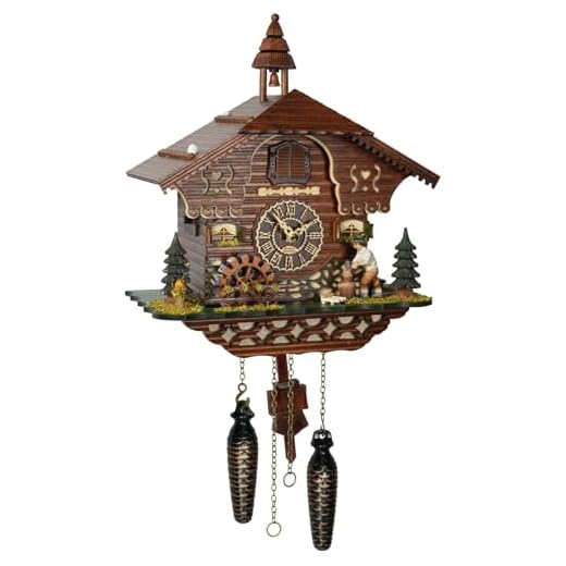 Trenkle Quartz Cuckoo Clock Black Forest House with Moving Wood Chopper and Mill Wheel, with Music TU 4217 QM