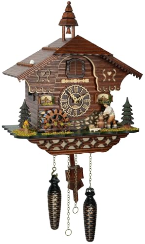 Origine: Made in Germany Authentic German Black Forest Cuckoo Clock Orologio a cucù al quarzo della Foresta Nera con tritatutto in legno mobile e ruota mulino, con musica TU 4217 QM