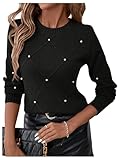 Verdusa Women's Business Casual Outfits Elegant Holiday Sweaters Pearl Long Sleeve Textured Knit Pullover Tops Black Medium