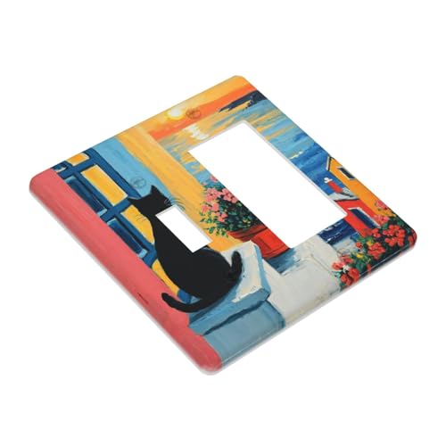 Decorative Outlet Covers Vintage Oil Painting Style Black Cat Sea Flowers 2 Gang 1 Gang Wall Plate Cover Single Toggle Rocker Combo Light Switch Cover Plate Face Plate for Home Decor