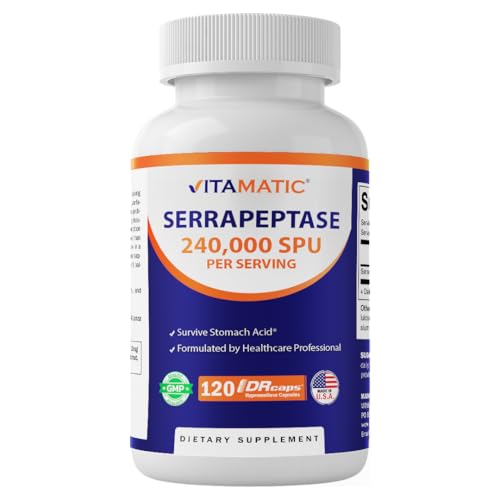 Vitamatic Serrapeptase 240,000 SPU Servings, 120 Delayed Released Capsules - Enteric Coated - Non-GMO- Made in The USA (120 Count (Pack of 1))