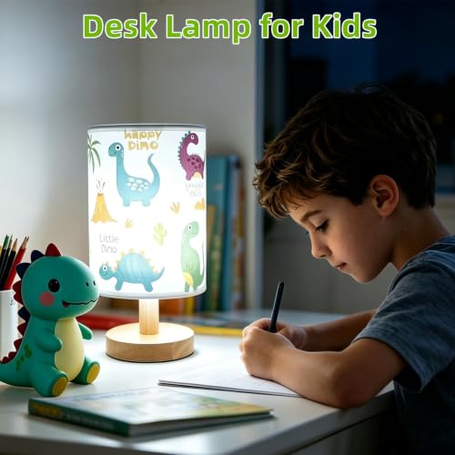 Dinosaur Kids Table Lamp,3 Color Dimmable Bedside Nightstand Night Light with Cartoon Lampshade,Cute LED Desk Lamp for Boys Girls Bedroom Nursery Dino Decor Dinosaur Birthday Gift for Toddler Boy by Lonxin-Da - Used condition - Image 4