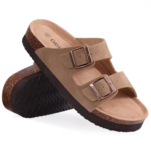 Platform Suede Sandals for Women Soft Cork Footbed Summer Slides with Adjustable Buckle3