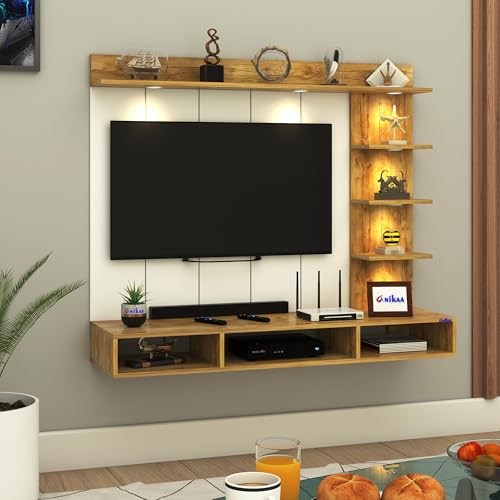 Image of Anikaa Tyron Engineered Wood Wall-Mount TV Unit with PVC Back Panel & LED Lights | TV Cabinet with Storage Box & Decorative Shelves (Gaintwood) | Ideal for TVs up to 55 Inch | DIY Installation