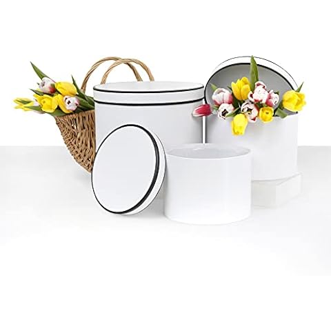 UNIKPACKAGING Premium Quality Round Flower Box, Gift Boxes for Luxury Flower and Gift Arrangements, Set of 3 pcs (L/M/S) (White with Black Rim) Cover