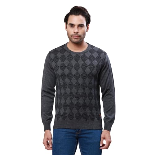 Image of Raymond Men's Regular Fit Acrylic Wool Blend Full Sleeve Round Neck Argyle Pattern Dark Grey Casual Sweater