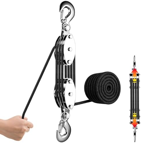 Flaschenzug Arbeitssparender 2000 kg Max.,8:1 20m Seil fürJagd Garage Lager | Schwerlast Flaschenzug mit Haken, 270° Drehbar Arbeitssparender Flaschenzug für Camping, 300 kg WLL, S