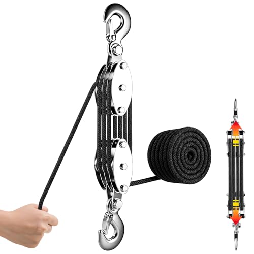 Carrucola per Sollevamento, 8:1 Paranco a fune con cuscinetto in metallo da 2000 kg con fune in nylon da 20 m e gancio, sistema di paranco e blocco puleggia per caccia, garage, magazzini, nera