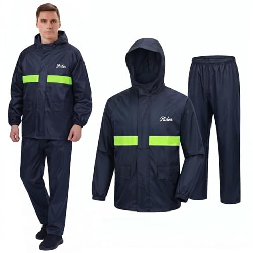Image of HACER 100% Waterproof Raincoat for Men & Women | Unisex Full Sleeves Rain Suit Set with Pant for Bike Riding, Travel, Camping, Trekking & Hiking Rainwear (XL, Navy Blue)