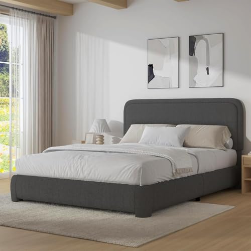 Image of BarnFurin Full Bed Frame, Cloud Boucle Headboard, Rounded Corners, Grey | Soft boucle and rounded edges create a low-profile cloud look. Wooden slats support the mattress without a box spring