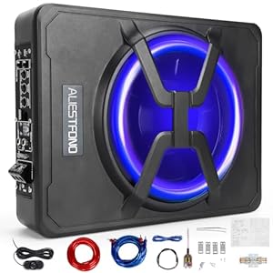 10 Inch 800W Under Seat Car Subwoofer Bass Active Stereo with Multi Colors Ambient Lighting,Built-in Car/Truck Audio Amplifier & with Wiring Kit, Remote ControI and Enclosure Black